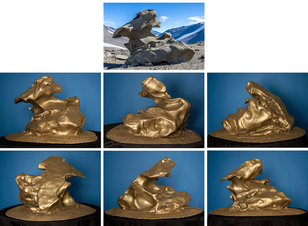 Pterodactyl Ventifact Sculpture, six views and source photo