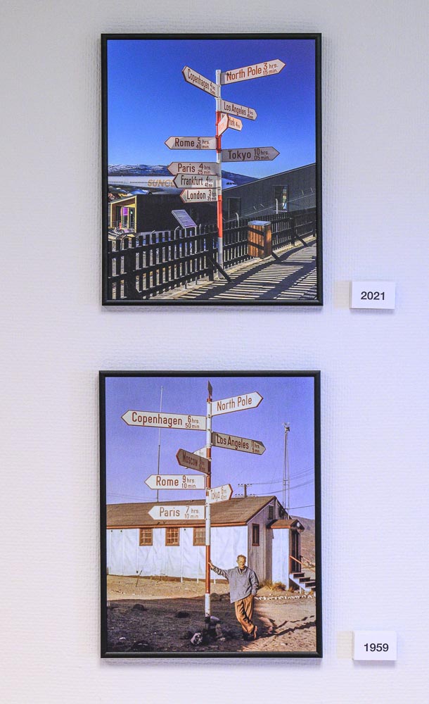 Signpost, Kangerlussuaq Airport (2022) and Andreas Lund-Drosvad with Signpost (1959)